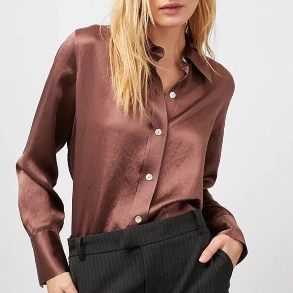 Rails Andrea Nutmeg Brown Metallic Satin Button Down Blouse - Picture 1 of 8